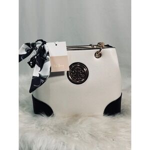 Le Bag Los Angeles Cream Black Colorblock Satchel Handbag with Scarf Gold Chain